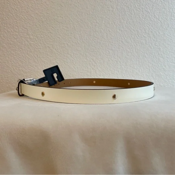 KATE SPADE NEW YORK WOMEN’S LEATHER BELT CREAM WITH GOLD STUDS LOGO SIZE Small - Picture 2 of 10